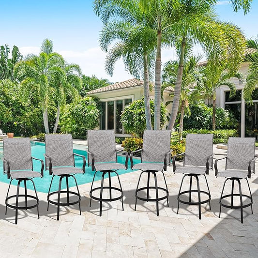 Vongrasig 6 Piece Patio Swivel Bar Chairs, All Weather Metal Textile High Swivel Bar Stools Chairs, Outdoor High Top Bistro Set for Backyard, Lawn Garden, Balcony, Light Grey