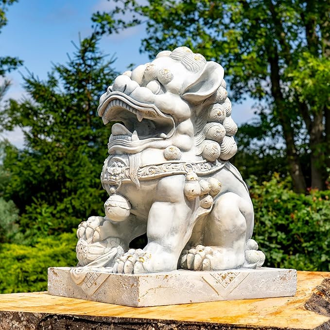 Zaer Ltd. Set of 2 Traditional Fu Dog Garden Statues, Chinese Guardian Lion Sculptures with Pedestals, Made with Magnesium-Cement (Distressed Gray)