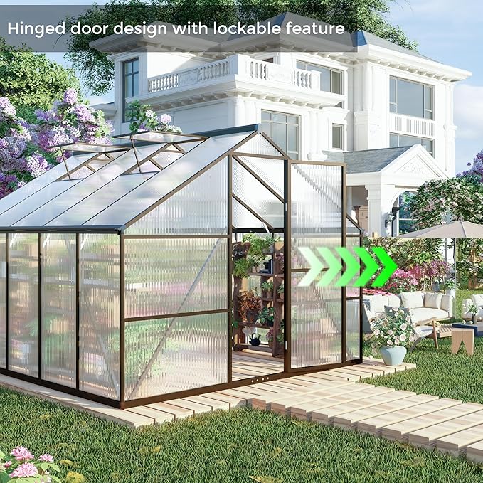 8x8 FT Greenhouses for Outdoors, Polycarbonate Greenhouse with PC Panels, Greenhouses for Outdoors for Yard, Garden, Hobby, Dark Grey