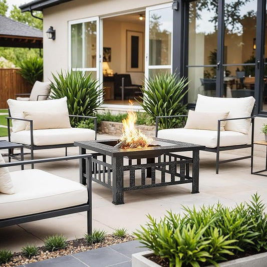 Flamaker Outdoor Fire Pit 32 Inch Firepit Tables Backyard Mutifunctional Square Metal Stove Wood Burning with Cover Poker for Patio, Camping, Bonfire (Silver)