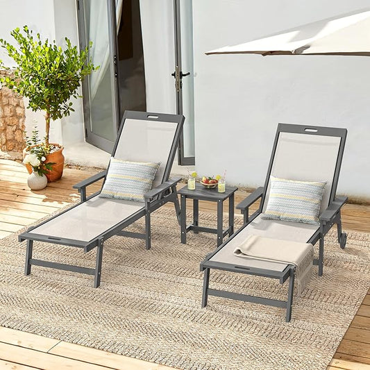 LUE BONA Chaise Lounge Chair Outdoor, HDPS and HDPE Wicker Chaise Lounger with 5 Positions, Pool Lounge Chairs with Wheels and Adjustable Backrest for Patio, Poolside, Deck, Backyard