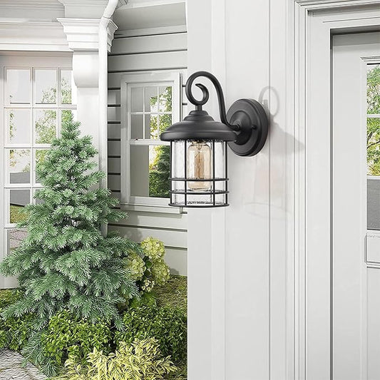MICSIU Textured Black Exterior Wall Sconce Lantern, 9.8 Inch Outdoor Wall Lighting with E26 Based Socket,Clear Seedy Round Small Outside Lights for House, Entryway, Home, Patio, Garage, Doorway