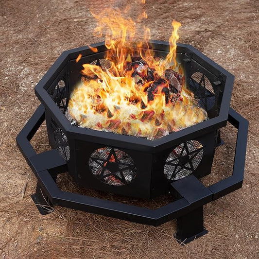 Verdelxue 35 Inch Octagonal Fire Pit with Cooking Grill,Outdoor Wood Burning Fire Pit for Camping Outside Picnic Bonfire,Heavy Duty Firepit for Backyard Garden Patio