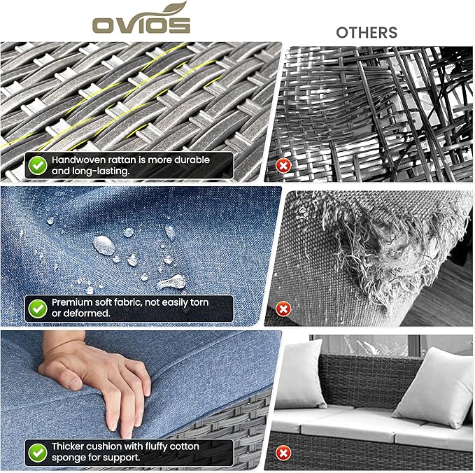 ovios 7 Pieces Patio Furniture Set, Outdoor Wicker Sofa Couch with Swivel Chairs 42" Fire Pit Table, High Back All Weather Modern Conversation Sets, Grey Rattan, Denim Blue