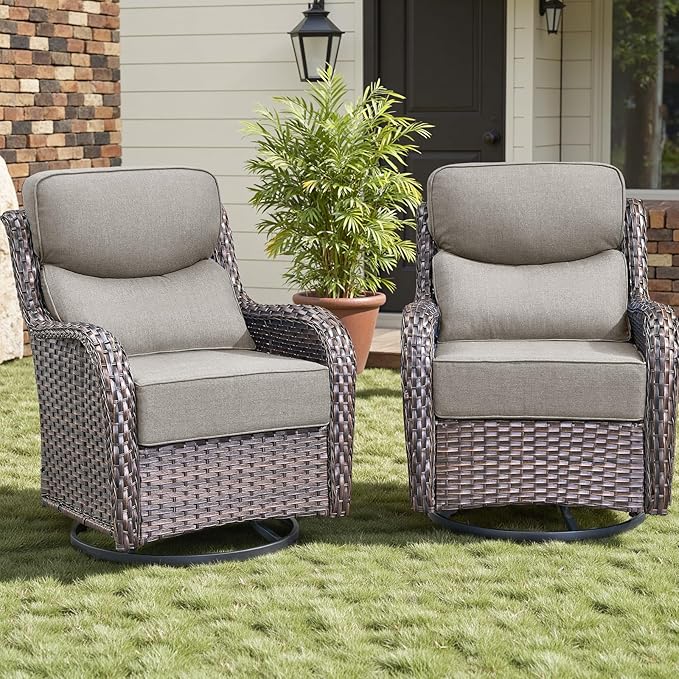 Rilyson Outdoor Patio Swivel Rocker Chairs Set of 2, Waterproof Wicker, High Back, Deep Seating, Wide Armrest, Upgraded 6 inch Thick Cushions, Ideal for Deck Porch Backyard, Brown/Beige