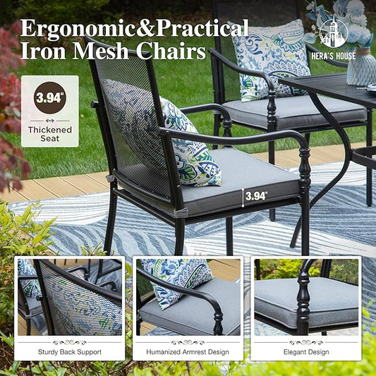 HERA'S HOUSE Metal Patio Table and Chairs Set for 4, Outdoor Dining Set 5 Pieces, 37" Square Table with Elegant Cushioned Armrest Chairs for Garden Backyard with 1.57" Umbrella Hole