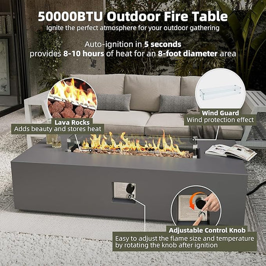 UPHA 56-inch Outdoor Propane Gas Fire Pit Table 50000 BTU Concrete Rectangle FirePit for Outside Patio with Propane Tank Cover, Wind Guad, Lava Rocks, Rain Cover, Grey