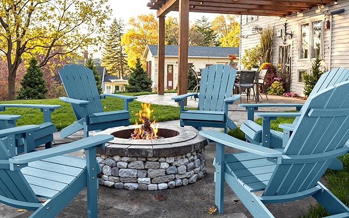 YEFU Adirondack Chairs Set of 6: Outdoor Chair HIPS Plastic Adirondack Chairs - Patio Chairs with Wood Texture - Lawn Fire Pit Deck Porch Garden Chairs for Adults (Blue)