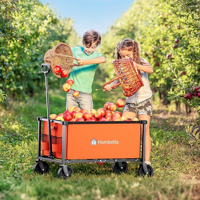 Collapsible Wagon Cart with Wheels, 150L Lightweight Foldable Utility Cart, Portable Rolling Wagon for Garden, Shopping, Sports, Camping, Transport, Orange
