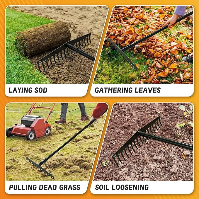 5.4FT Bow Heavy Duty Wide Metal Garden Lawn Rake, 17 Inch Garden Leaf Rake, for Loosening Soil, Raking Leaf, Leveling Rocks, Spreading Mulch Gravel, Rustproof Metal Rakes Garden Tools