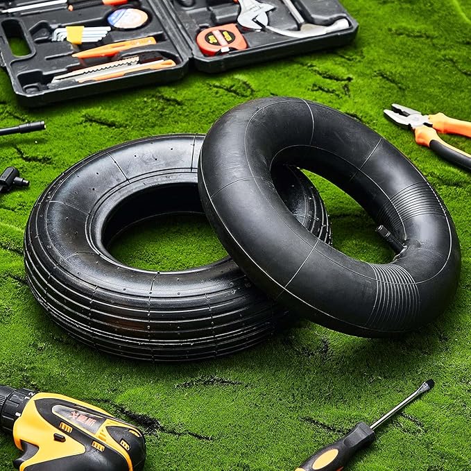 4 Sets 13'' 4.00-6 Replacement Tire and Inner Tube Set Heavy Duty 4.00-6 Tire and Wheel with TR13 Straight Valve Stem and Ribbed Tire Treads, for Wheelbarrow Trolley Garden Wagon Wheels