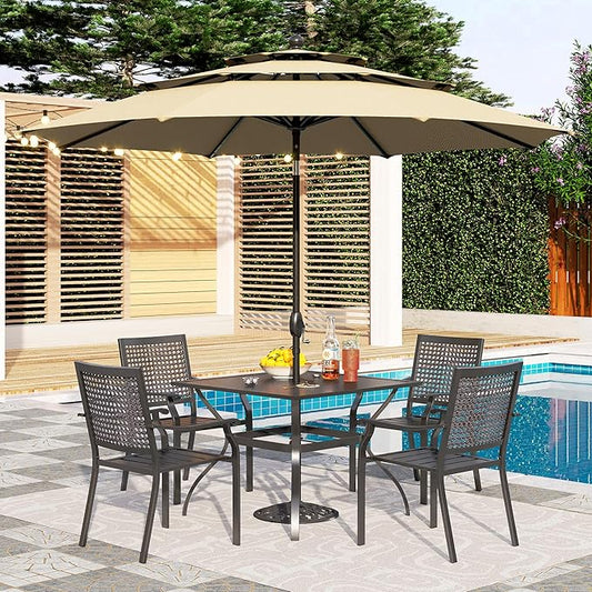 PHI VILLA 5 Pieces Patio Dining Set for 4 with 10ft Patio Umbrella, Metal Outdoor Stackable Wrought Iron Chair Set of 4 & 37" Metal Dining Table,3 Tier Vented Market Table Beige Umbrella