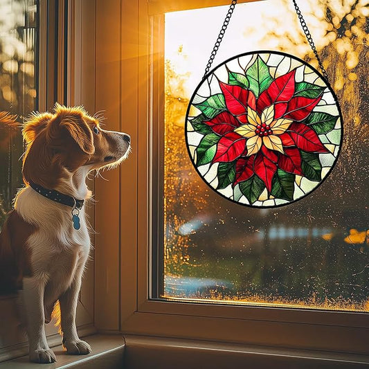 Stained Glass Window Hanging - Red Poinsettia Birth Flower Sun Catcher for Door Garden Home Decor Suncatcher Christmas Mother's Day Birthday Gifts for Women Men Mom Girl Nana Friend 7.8 in