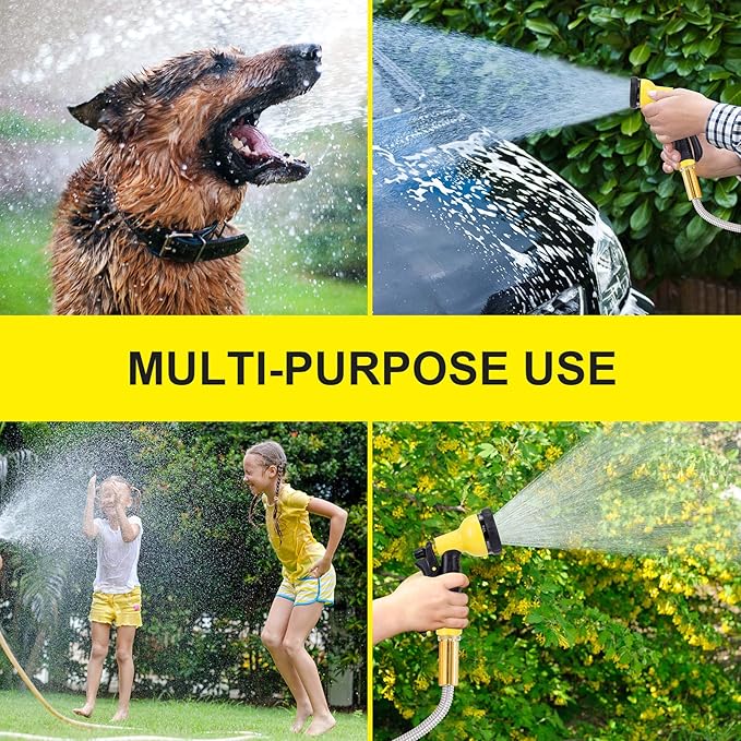 FOXEASE Metal Garden Hose 100FT - Stainless Steel Heavy Duty Water Hose with Solid Metal Nozzle & 8 Function Sprayer, Portable & Lightweight Kink Free Yard Hose, Outdoor Hose