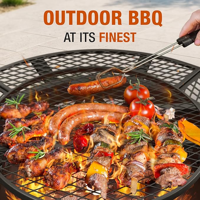 47 Inch Heavy Duty Steel Fire Pit with Grill, Large Outdoor Fire Pits for Outside Wood Burning, BBQ