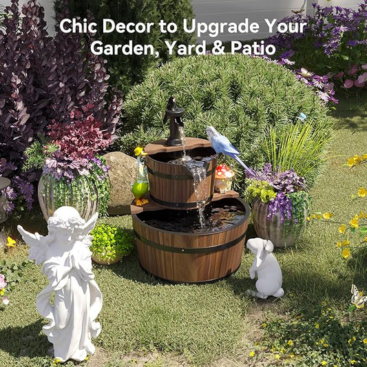 Aoxun 2-Tier Outdoor Water Fountain, Wood Barrel Cascading with Electric Decorative Hand Pump, Rustic Waterfall Fountain for Garden, Backyard, Patio, Porch, Yard