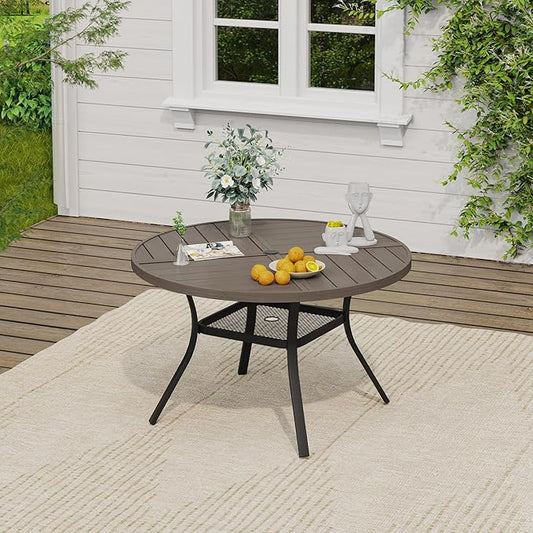 VICLLAX Outdoor Patio Round Dining Table, 40.6"x 40.6" Spliced Metal Tabletop with Storage Shelf for Deck Lawn Garden Backyard, Antique Grey