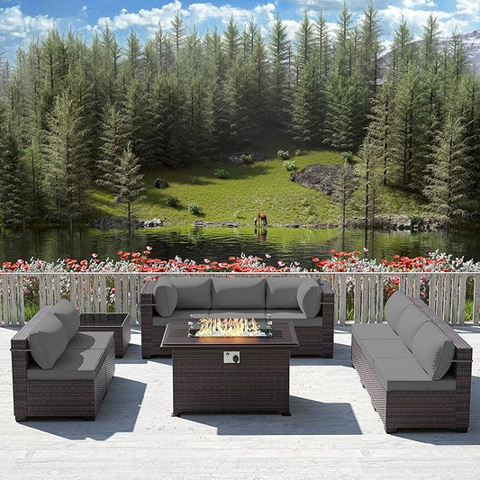 Outdoor Patio Furniture Sets with Propane Fire Pit Table, 10 Pieces Outdoor Furniture Patio Sectional Sofa Conversation Sets w/ETL Approved 43" Gas Outdoor Fire Table & Coffee Table (Grey)