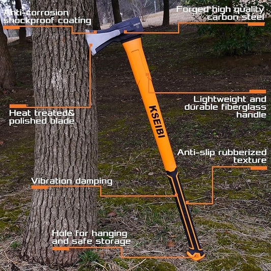 KSEIBI 36-Inch Splitting Axe - Forged Carbon Steel, Wood Splitter & Kindling Axe for Chopping, Heavy-Duty Maul with Ergonomic Fiberglass Handle, Shock Reduction, Anti-Slip Grip