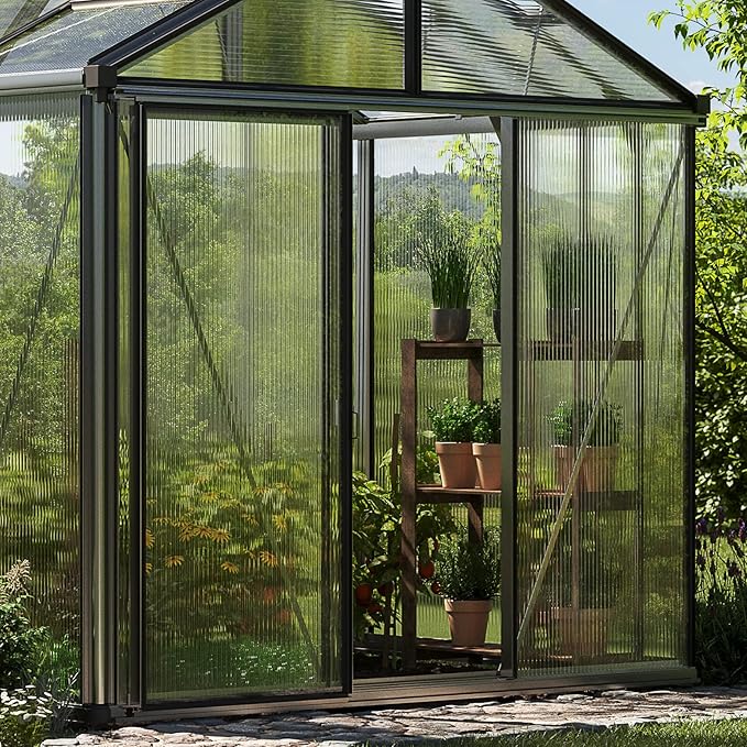 Greenhouse Diamas 23 Premium 7.7 x 12.6 ft with Approx. 16 mm Polycarbonate Panels, Natural Aluminum Color
