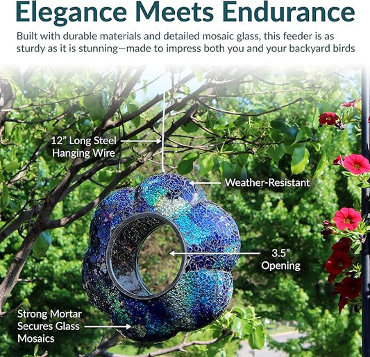 Sunnydaze 10-Inch Glass Mosaic Hanging Bird Feeder for Outdoors - Fly-Through Wild Bird Feeder - Indigo Flower Mosaic