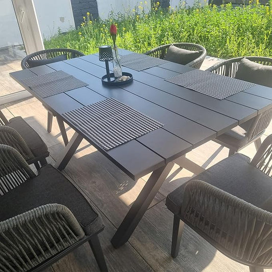PURPLE LEAF 7 Pieces Patio Dining Set Wicker Outdoor Furniture Rectangular Table and Chairs Set for Garden Deck Aluminum Frame Backyard Kitchen Set, Cushions and Pillows Included Grey