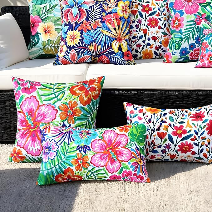 Outdoor Pillow Covers 18x18 Inch Set of 2 Tropical Floral Plants Boho Throw Pillows Cases Waterproof LSquare Garden Cushion Sham for Patio Funiture Tent Balcony Bench Sofa Couch