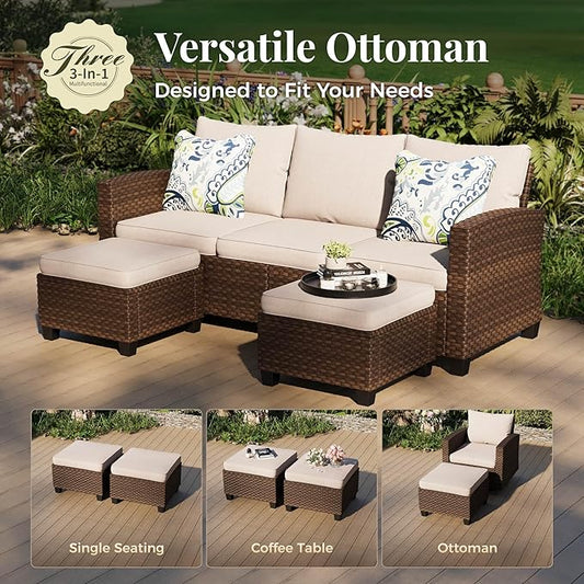 Patio Furniture Set, 8 Pcs Wicker Rattan Outdoor Conversation Set, 4 x Leg Chairs, 1 x 3 Seater Sofa and 2 x Ottoman with 4" Thick Cushion and 56" Fire Pit Table, Beige