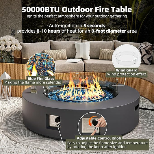UPHA 42-inch Outdoor Propane Gas Fire Pit Table 50000 BTU Concrete Rectangle FirePit for Outside Patio with Propane Tank Cover, Wind Guad, Blue Glass Rocks, Rain Cover, Grey