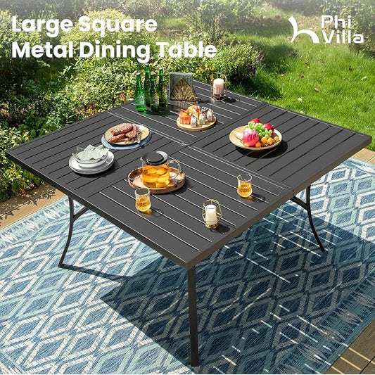 PHI VILLA 9-Piece Metal Patio Outdoor Table and Chairs Outdoor Dining Set - Large Square Patio Table and 8 Backyard Garden Chairs, Black