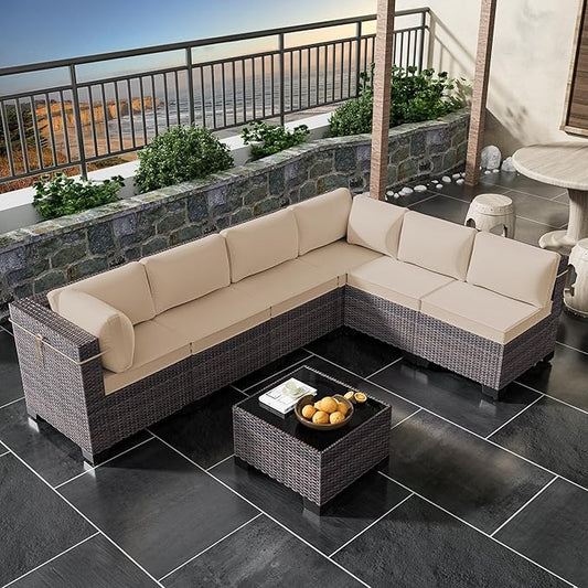 Outdoor Patio Furniture Set, 7 Pieces Outdoor Furniture All Weather Patio Sectional Sofa PE Wicker Modular Conversation Sets with Coffee Table,6 Chairs & Seat Clips Brown