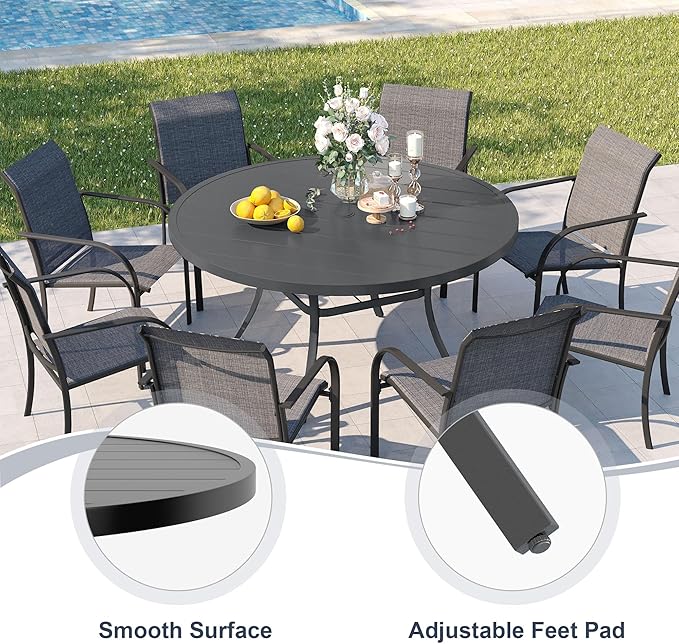 VICLLAX 50" Outdoor Round Patio Dining Table for 4-6, All Weather Metal Dining Table with Umbrella Hole for Deck Lawn Garden Backyard, Dark Grey