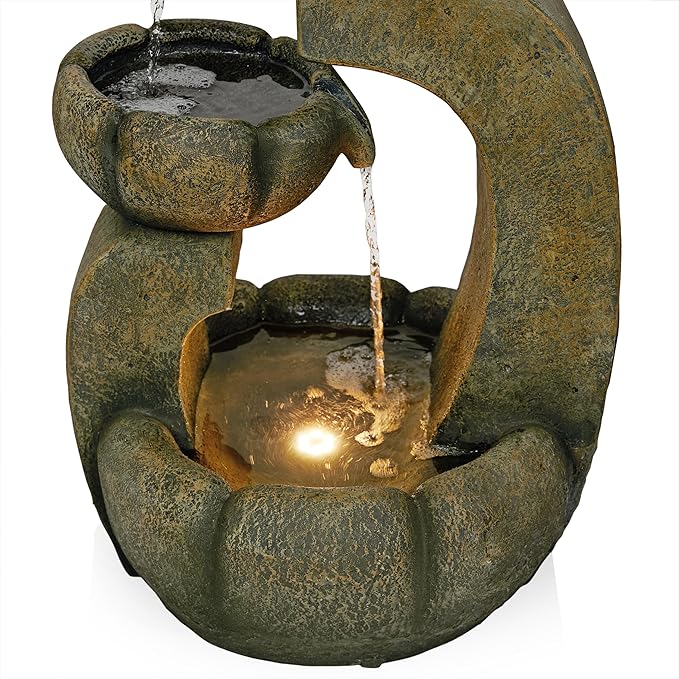 Alpine Corporation WIN1688 32" 2-Layer Pagoda Polystone Fountain with LED Lights, Cascading Waterfall, Outdoor Garden and Patio Water Feature, Zen Décor, Relaxing Sound, Brown