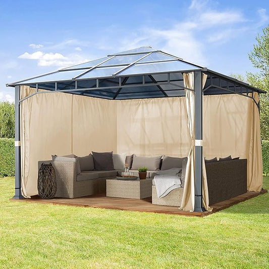 TOOLPORT Hardtop Gazebo 13x13 ft with Aluminum Frame and Approx. 8 mm Polycarbonate Roof - Side Panels in Champagne