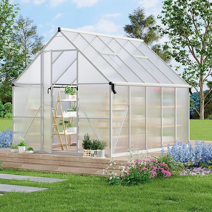 8X10 ft Polycarbonate Greenhouse with Aluminum Frame, Polycarbonate Greenhouse for Outdoors, Greenhouses with Ventilation and Rain Gutter, Aluminum Large Walk-in Greenhouses for Outside