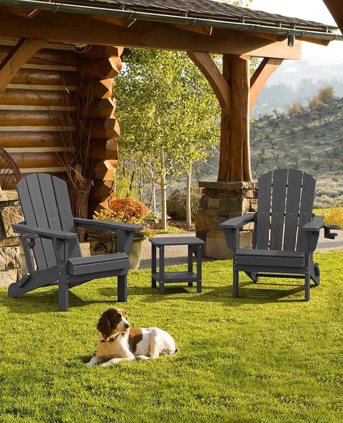 SERWALL Folding Adirondack Chair Set of 6, Adjustable Adirondack Chair with 3 Recline Positions, All Weather HDPE Outdoor Adirondack with Cup Holders, Gray