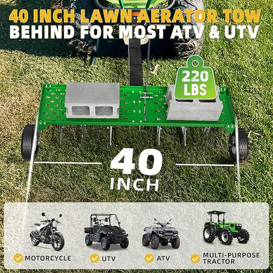 40" Lawn Aerator Tow Behind, Pull Behind Aerator with Universal Hitch, 24 Galvanized Steel Tines, Tray and Pneumatic Tires, Plug Behind Aerator is Suitable for Gardens, Lawns and Farms
