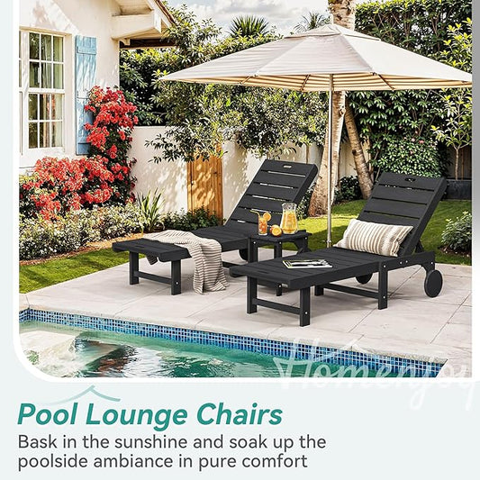 Outdoor Chaise Lounge Chairs, 26.8” Super Wide Lounge Chair Outdoor, HDPS Pool Chairs with 5 Positions, Patio Lounge Chair with Wheels for Pool,Lawn,Backyard, Black