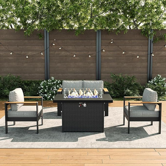 LayinSun 4 Piece Aluminum Outdoor Furniture Set with Fire Pit Table, Outside Patio Deep Seating Conversation Set with Upgraded Washable Thick Cushion