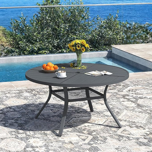 DIFY 47.2" Round Outdoor Patio Dining Table for 6, All-Weather Metal Steel Slatted Patio Table with 1.57" Adjustable Umbrella Hole, for Lawn Garden Porch Backyard, Grey