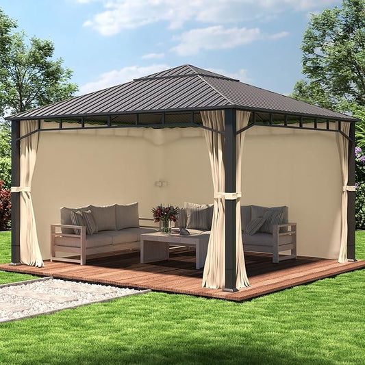 TOOLPORT Hardtop Gazebo 13x13 ft with Steel Roof - 4 Side Panels in Champagne - Approx. 3.54x3.54 in Aluminium Poles