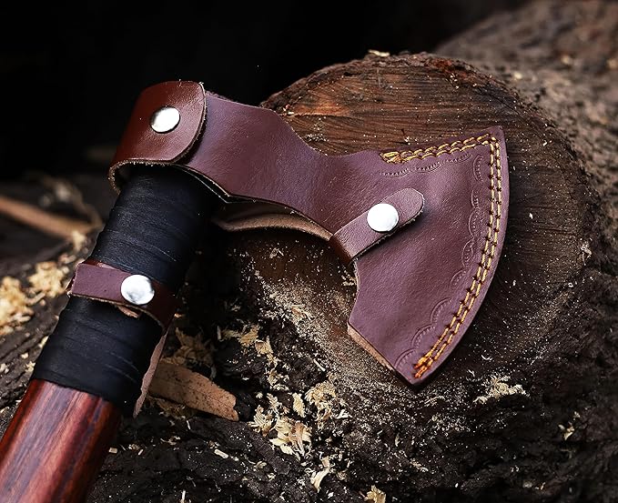 Viking Axe | 18" Carbon Steel Throwing Hatchet with Ash Wood Handle & Leather Sheath | Etched Norse Design, Functional & Collectible Gift(WCA-017)