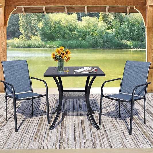 3 Pieces Round Dining Table Set for 2, Patio Dining Set Includes 2 Blue Stackable Patio Chairs and 27.6" Black Metal Square Table, Patio Furniture Sets with Sling Support for Outside, Garden