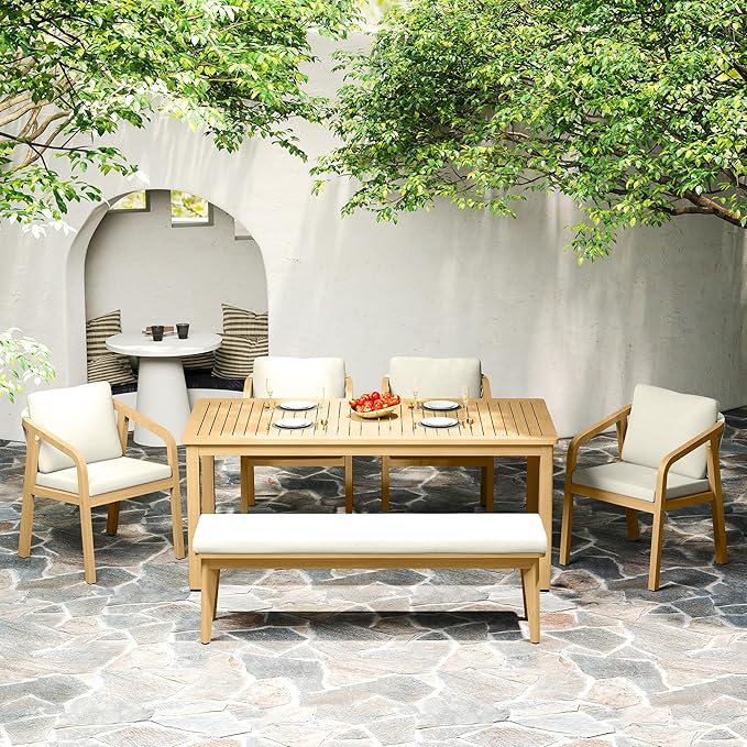 6-Piece Outdoor Dining Set for 4 with 23" Extra Wide Chair and Cushion,Patio Table and Chairs Set with All Acacia Wood Frame, All-Weather Outdoor Patio Furniture Set for Garden Lawn, Beige