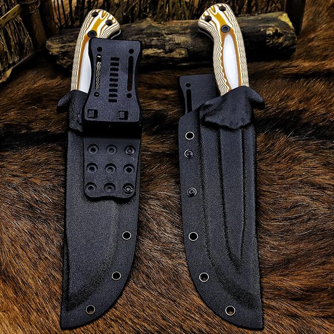BA-KOR 12.4in Full Tang Fixed Blade Hunting Knife β 6mm 9CR18MoV Steel, G10 Handle, Stonewashed Sawback Blade with Kydex Sheath & Fire Starter for Outdoor, Camping, Survival (White and brown stripes)