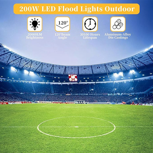 2 Pack 200W LED Flood Light Outdoor Plug in,25000 LM Super Bright Security Lights,IP66 Waterproof 6000K Daylight White Stadium Lights,Floodlights for Garage,Yard,Garden,Playground