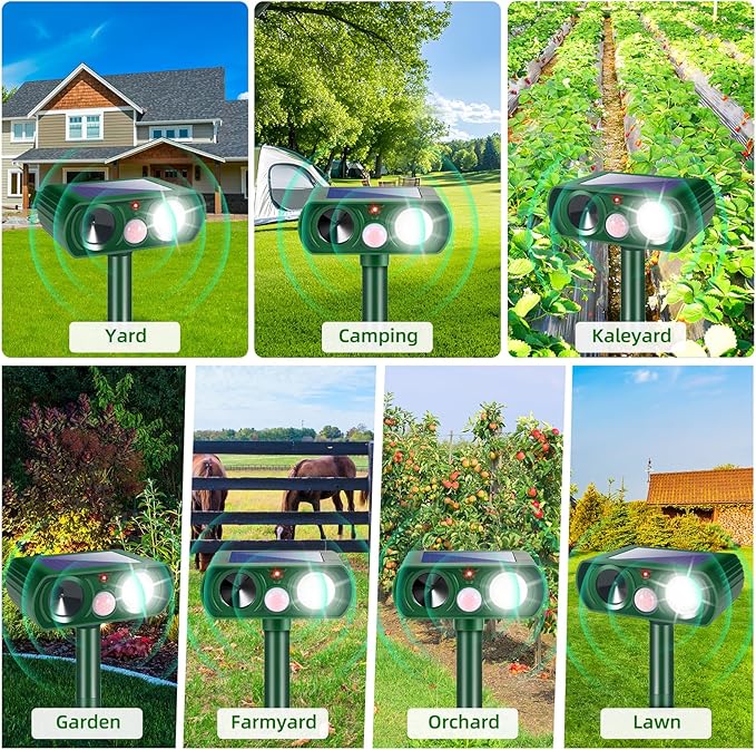 4 Pack Solar Animal Repellent Ultrasonic Outdoor Raccoon Squirrel Fortress Pro Cat Deterrent Deer Repellent with Motion Detection Strobe Light,Waterproof Repeller for Rabbit Dog Skunk for Yard