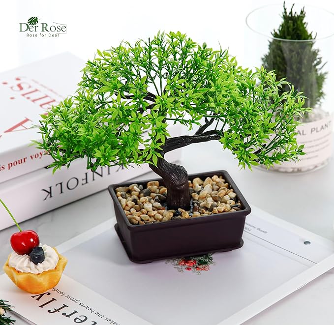 Der Rose 8'' Artificial Bonsai Tree Small Fake Potted Plants for Zen Japanese Home Office Desk Bathroom Shelf Decor