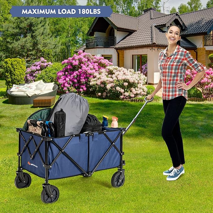 Goplus Collapsible Wagon, Folding Utility Wagon Cart w/Universal Wheels & Adjustable Handle & Cover Bag, Grocery Wagon for Garden Shopping Camping (Navy)