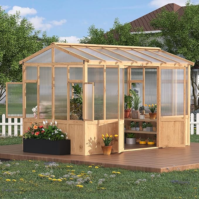 8X12 FT Heavy Duty Wooden Greenhouse for Outdoor - Walk-in Green House Kit with 6mm Polycarbonate, Ventilated Window & Lockable Door for Backyard, Patio, Lawn